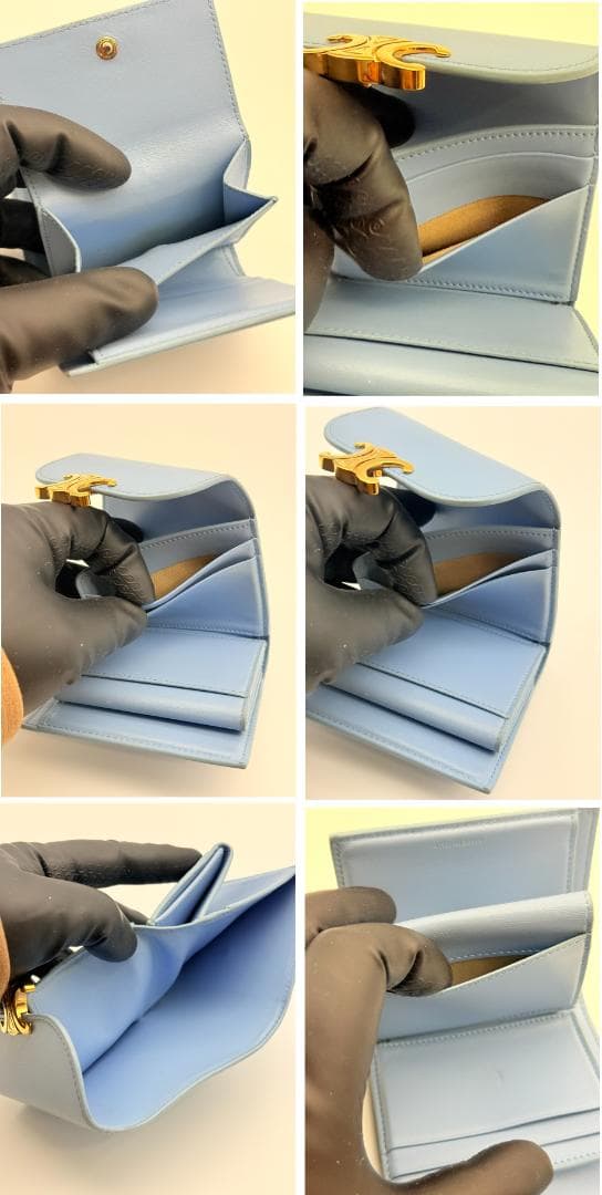 極美品 付属品完備 CELINE トリオンフ 三つ折り財布 ブルー 水色