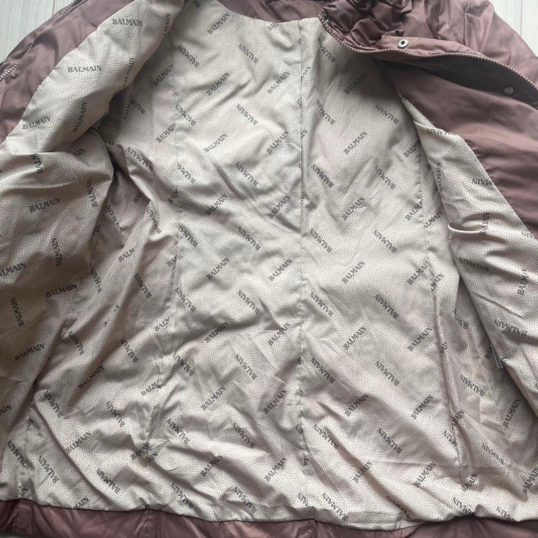 BALMAIN ダウンコート 茶 ブルーフォックスファー 裏地総柄 M バルマン