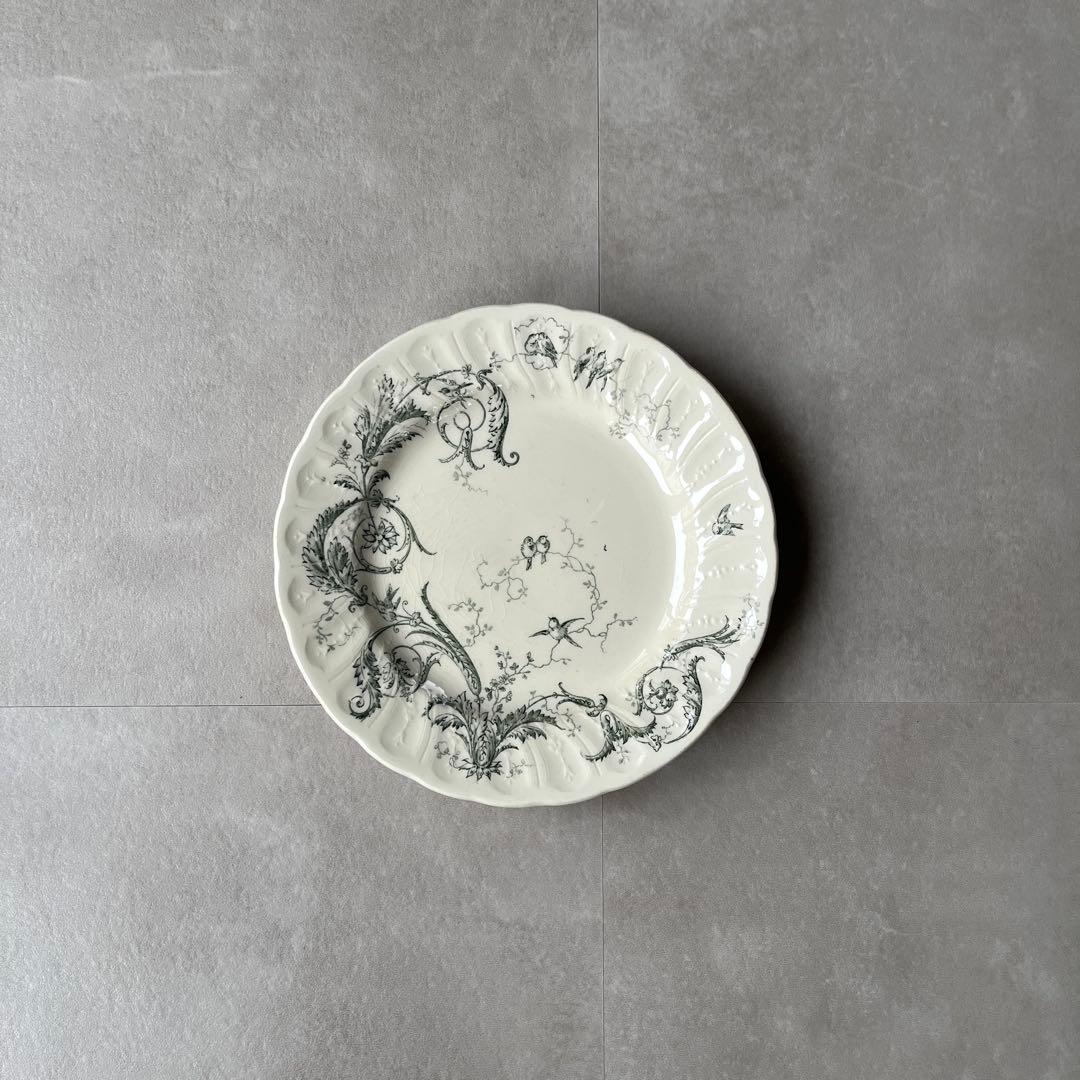 美品　フランス　アンティーク　GIEN ジアン　 唐草と小鳥の平皿プレート