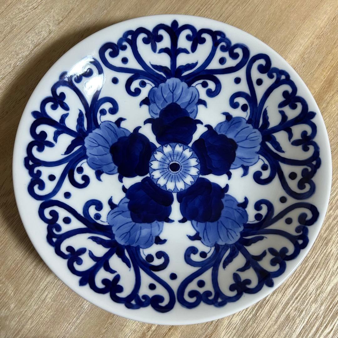 【共箱　未使用】深川製磁　染付 菊唐草　6号　和皿揃い　5枚組