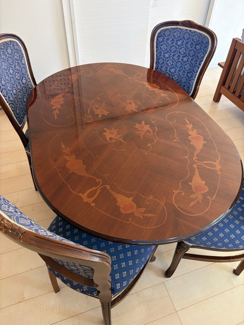 【関東限定】イタリア　5点セット 楕円形 象嵌 木製 ダイニングセット 猫脚