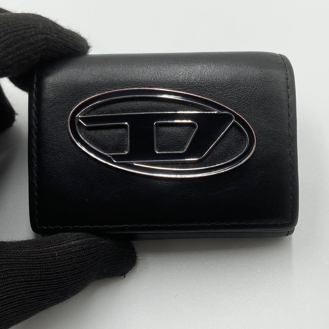 極美品　DISEL 三つ折り財布　1dr オーバル　ロゴ金具　レザー　ブラック