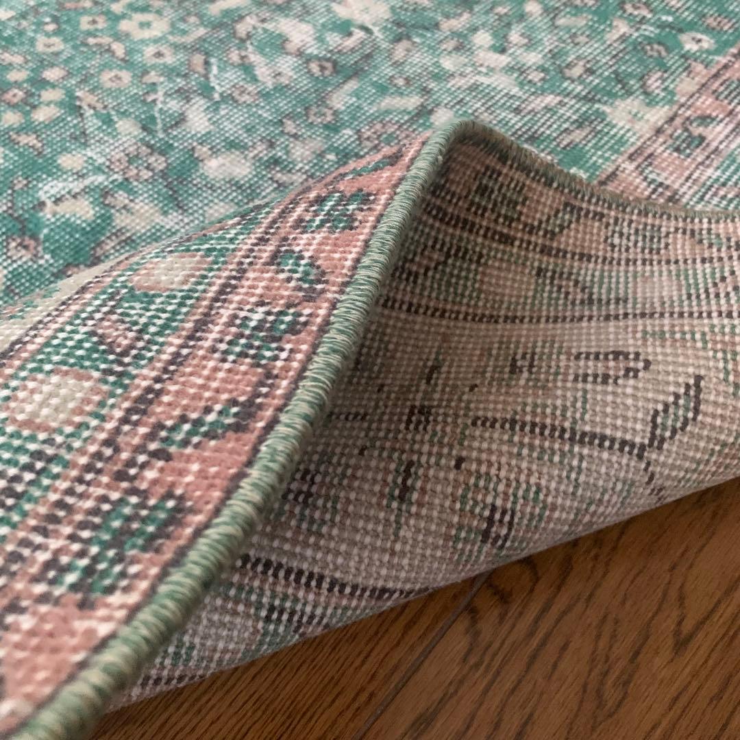 ピーコックグリーン　小花　ボタニカル 215×112 トルコヴィンテージラグ
