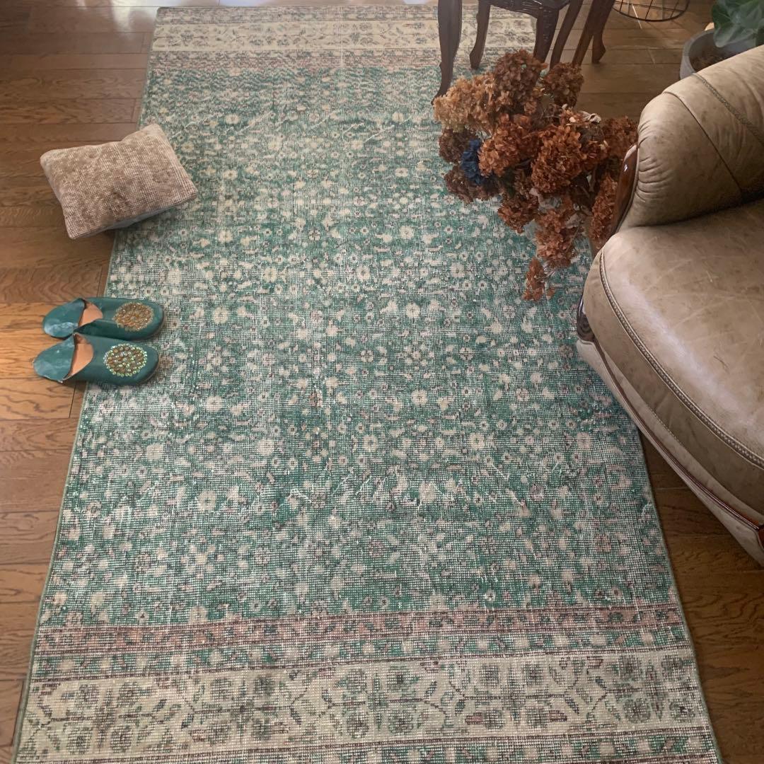 ピーコックグリーン　小花　ボタニカル 215×112 トルコヴィンテージラグ