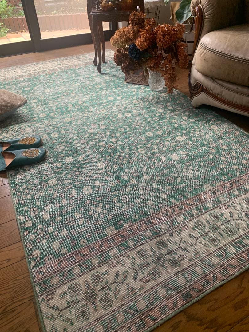 ピーコックグリーン　小花　ボタニカル 215×112 トルコヴィンテージラグ