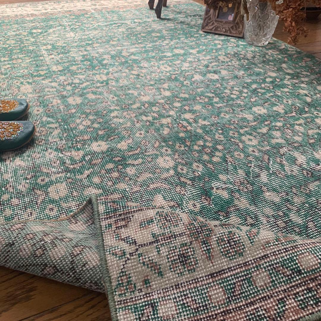 ピーコックグリーン　小花　ボタニカル 215×112 トルコヴィンテージラグ