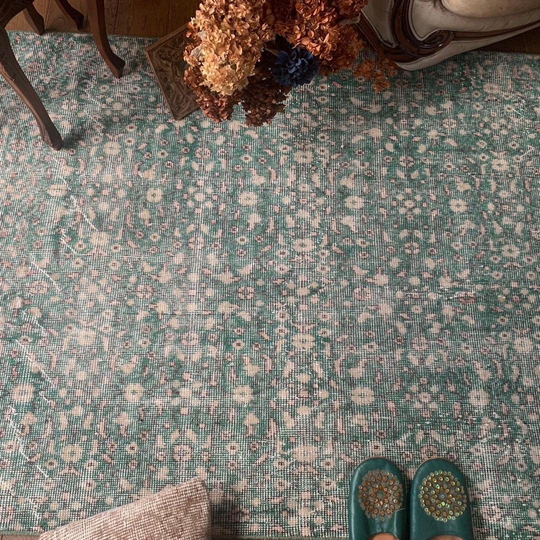 ピーコックグリーン　小花　ボタニカル 215×112 トルコヴィンテージラグ