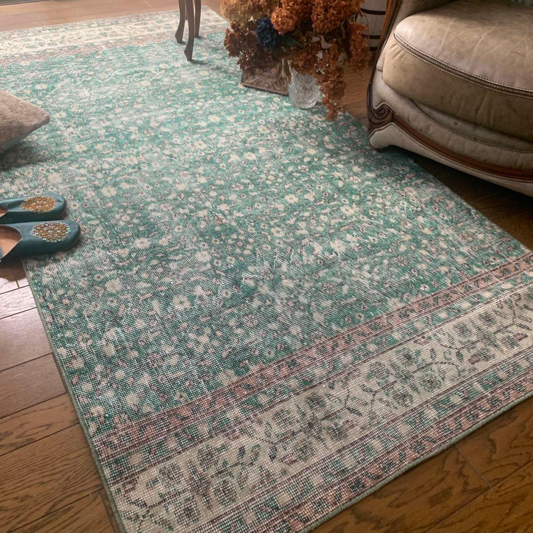 ピーコックグリーン　小花　ボタニカル 215×112 トルコヴィンテージラグ