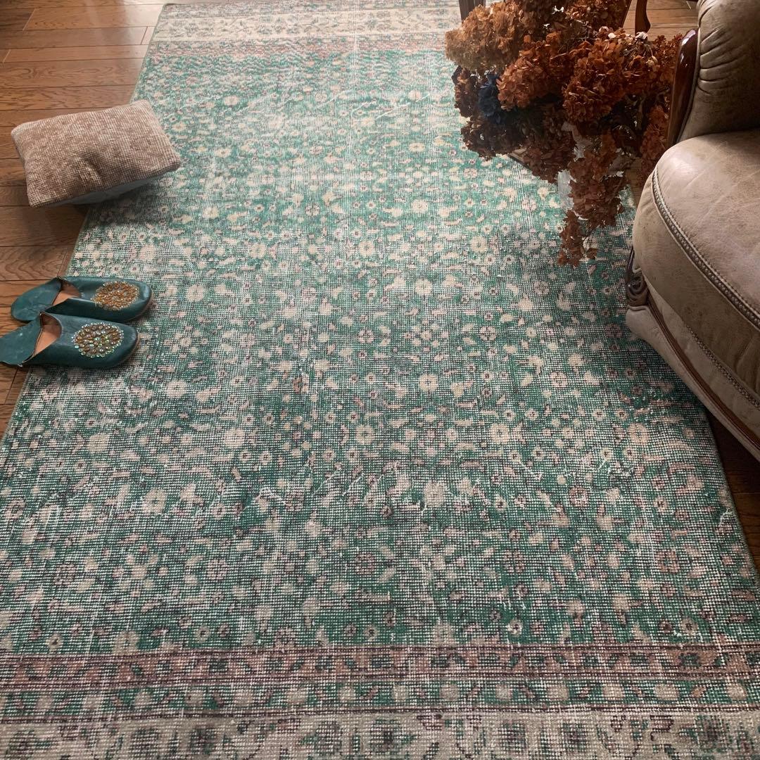 ピーコックグリーン　小花　ボタニカル 215×112 トルコヴィンテージラグ