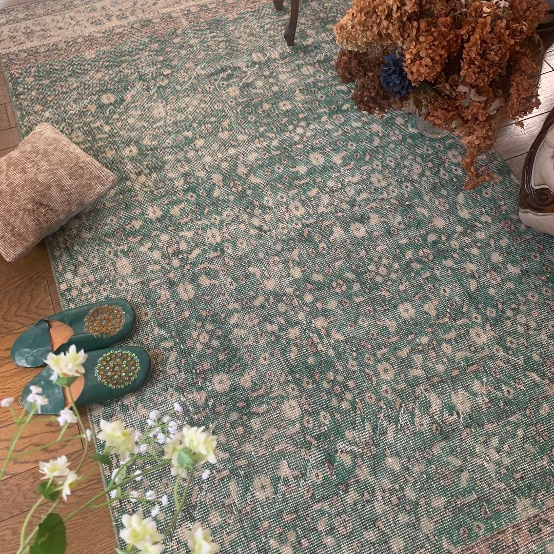 ピーコックグリーン　小花　ボタニカル 215×112 トルコヴィンテージラグ