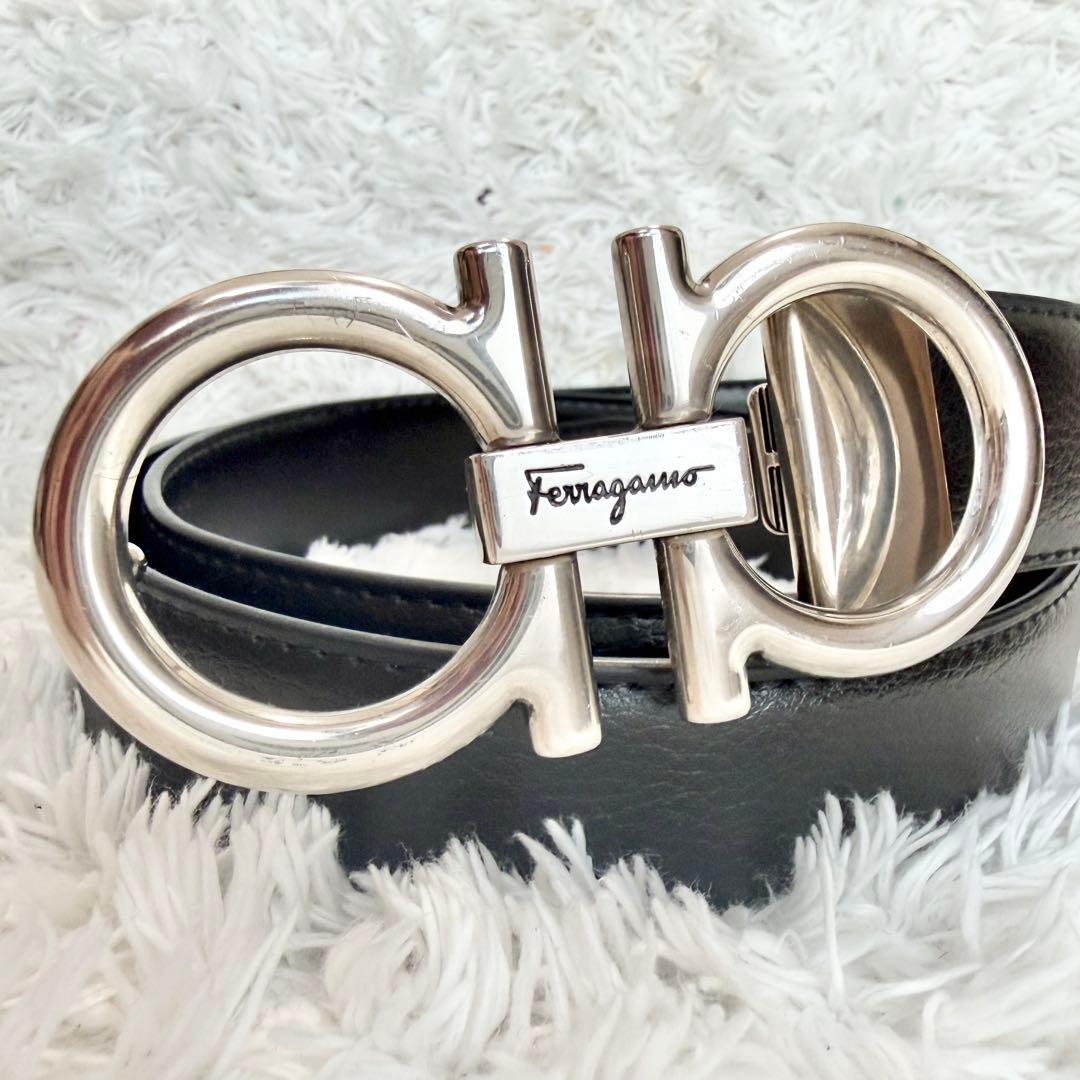 【美品】フェラガモ ベルト ダブルガンチーニ シルバー ブラック
