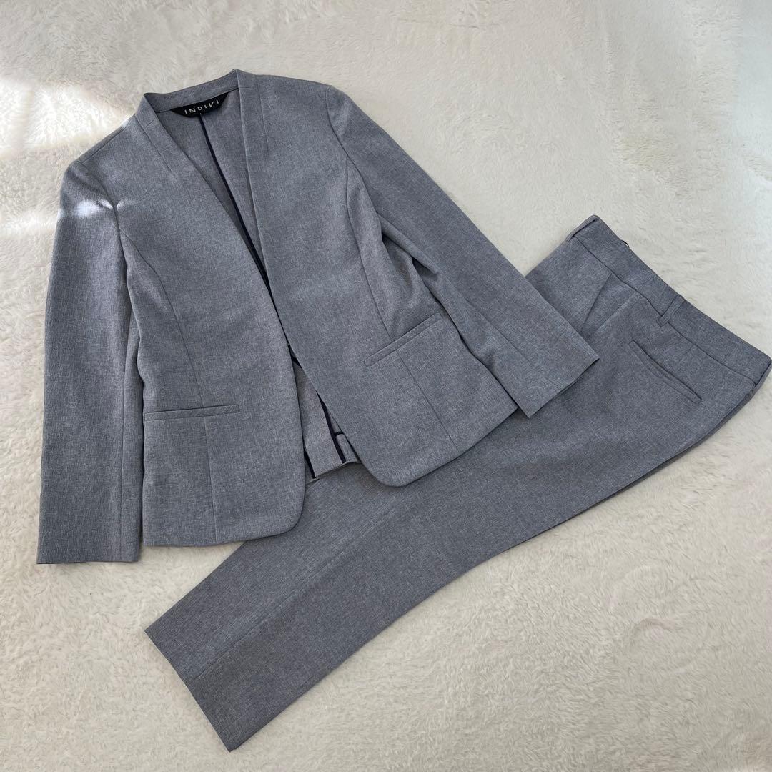INDIVI インディヴィ　セットアップ　ノーカラー　パンツ　スーツ　38