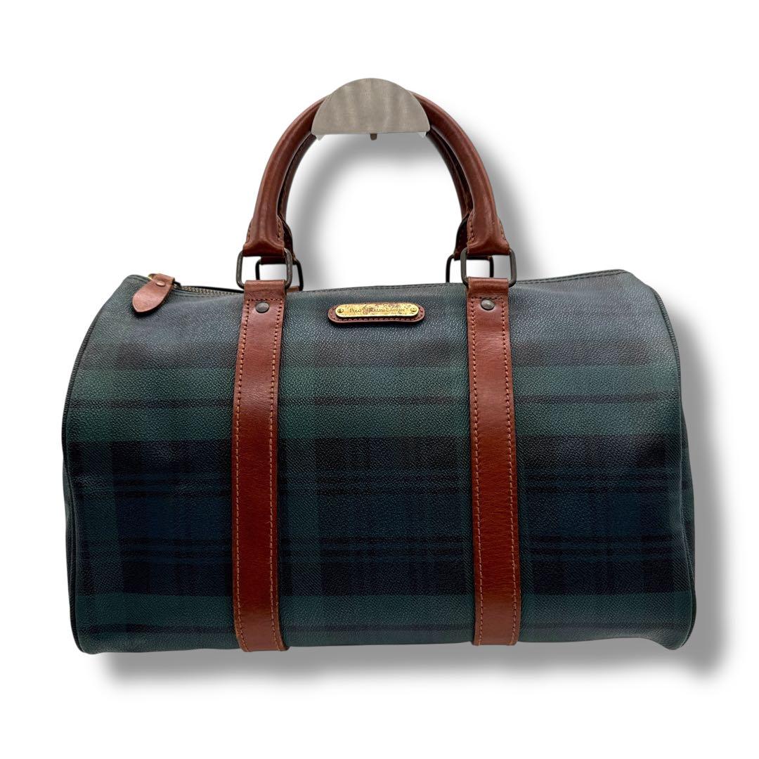 美品 ポロラルフローレン ミニボストン バッグ グリーン チェック柄