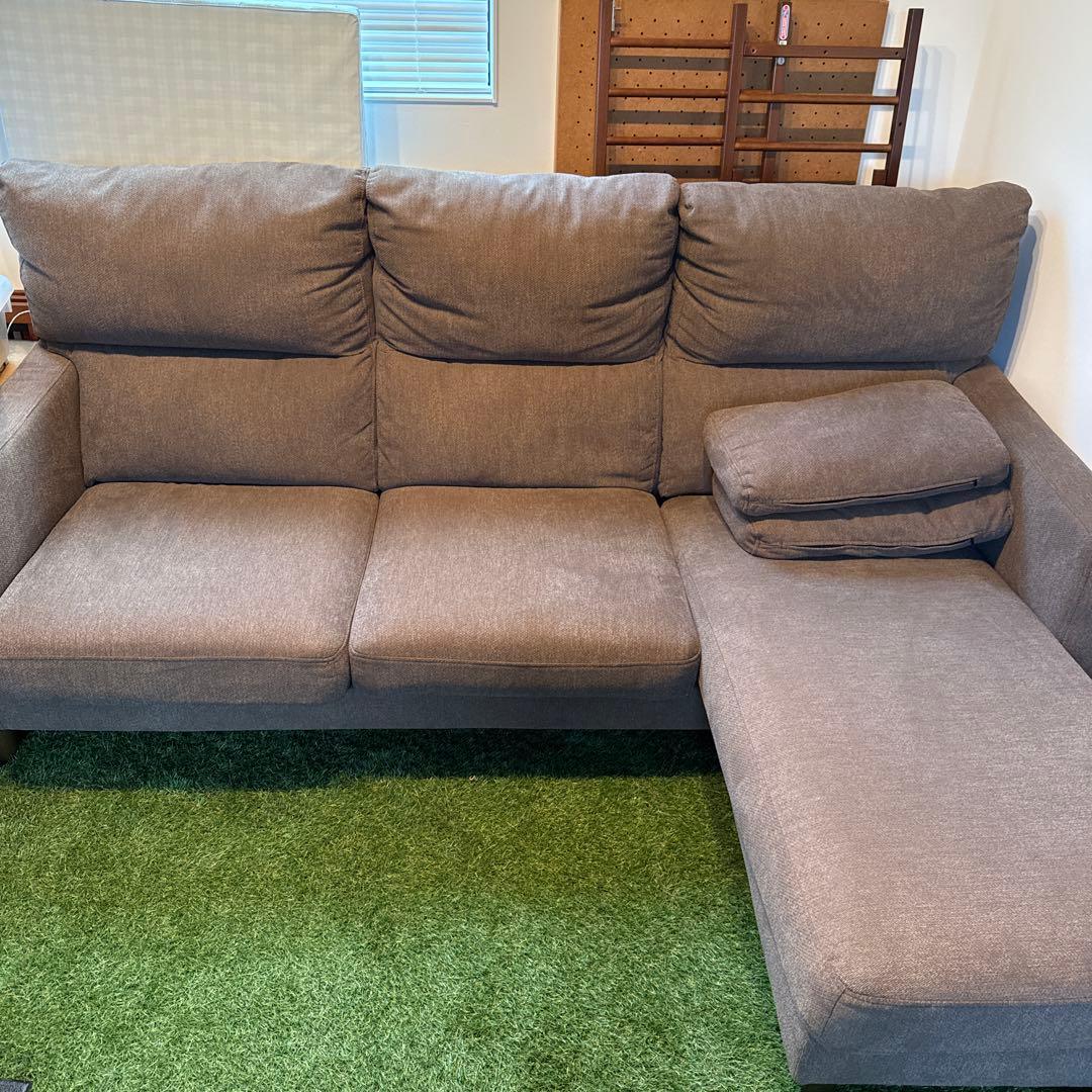 ブラウンL字型ファブリックソファ