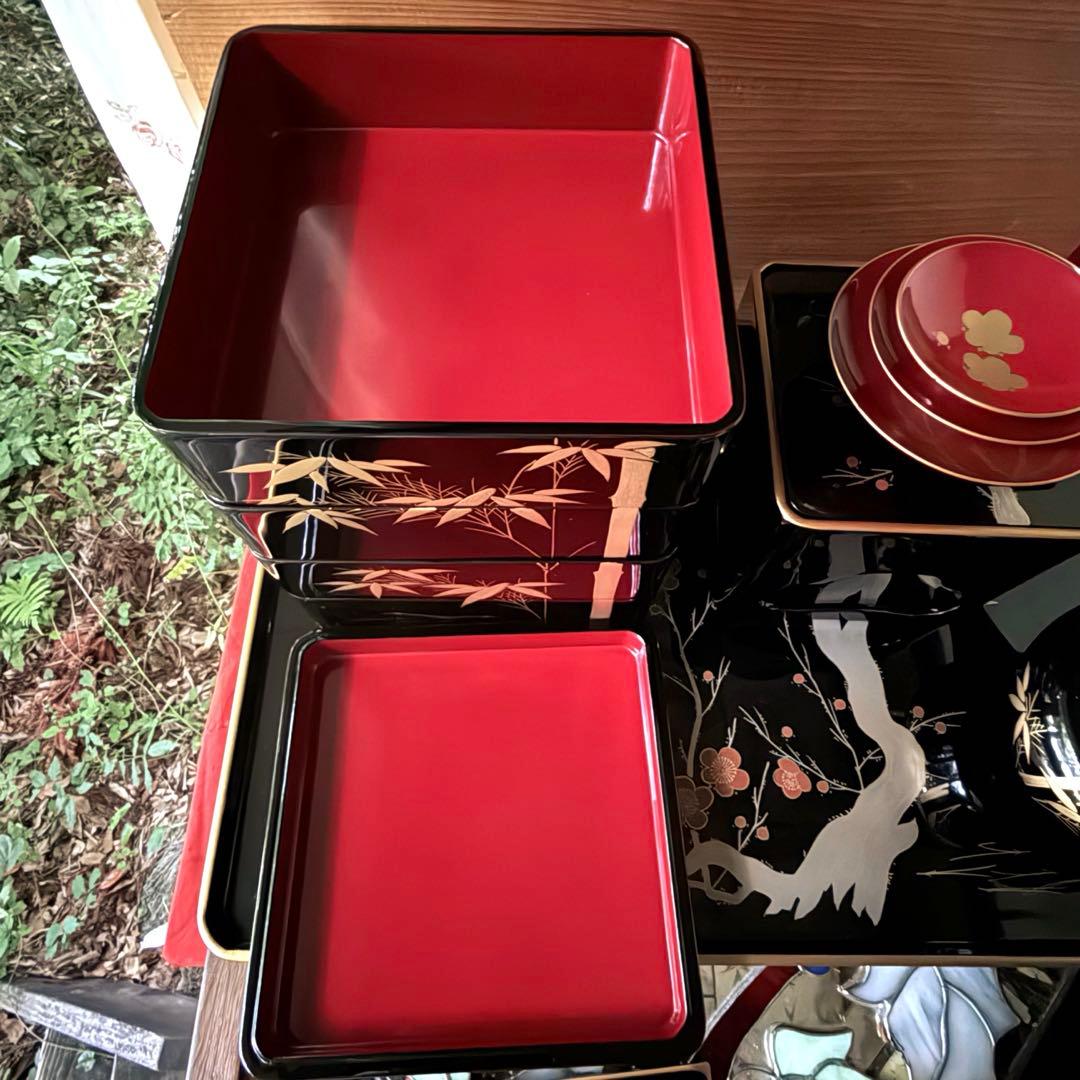 2192様感謝‼️JAPAN輪島塗お屠蘇器七つ揃い『松竹梅鶴』塗師松竹梅落款元箱入