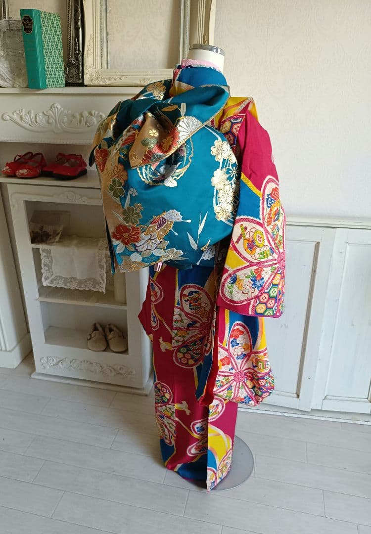 お値下げ中アンティークマゼンダピンクターコイズの着物と作り帯