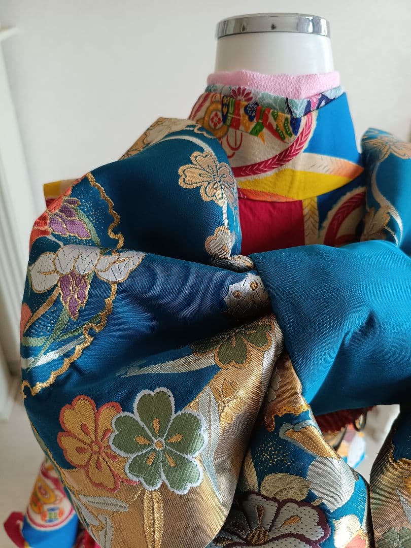 お値下げ中アンティークマゼンダピンクターコイズの着物と作り帯