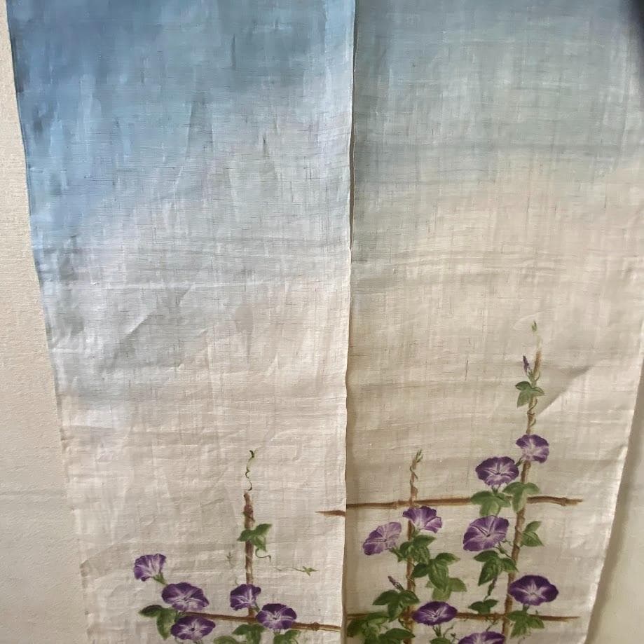 手描き麻暖簾【朝顔】手染 のれん 巾85×151cm　一点物　古布　アンティーク
