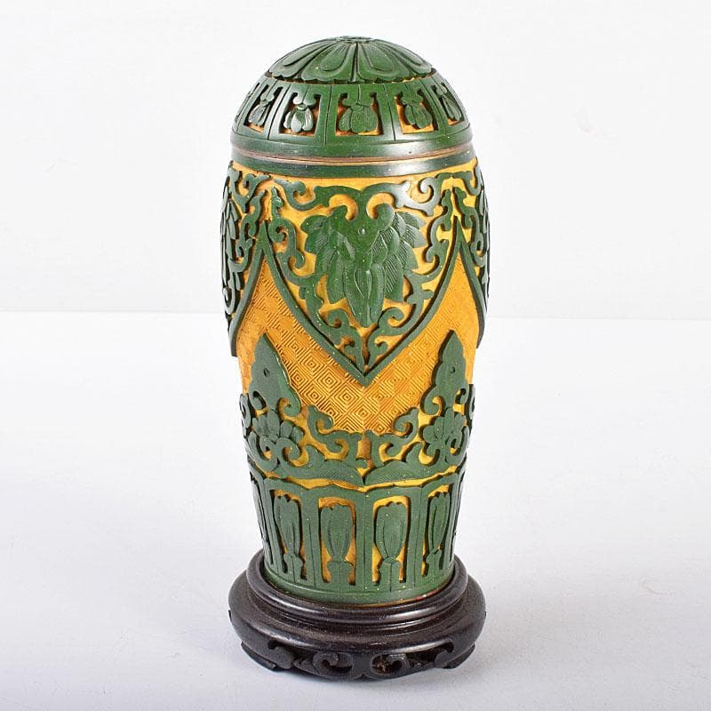 中国　堆緑　堆黄　蓋瓶　唐木台付　G　R5812