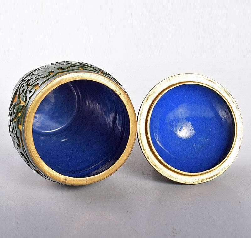 中国　堆緑　堆黄　蓋瓶　唐木台付　G　R5812