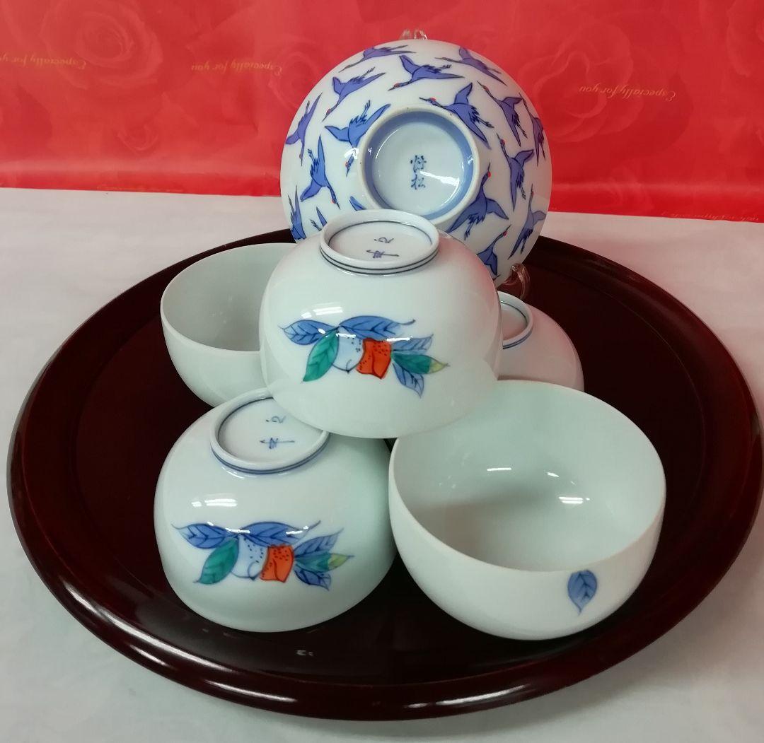 有田波佐見・丹心窯　50年前の煎茶碗5客＋千羽鶴飯碗