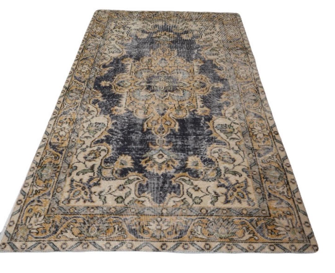 ネイビーブルー　シャビー　メダリオン208×113 トルコヴィンテージラグ