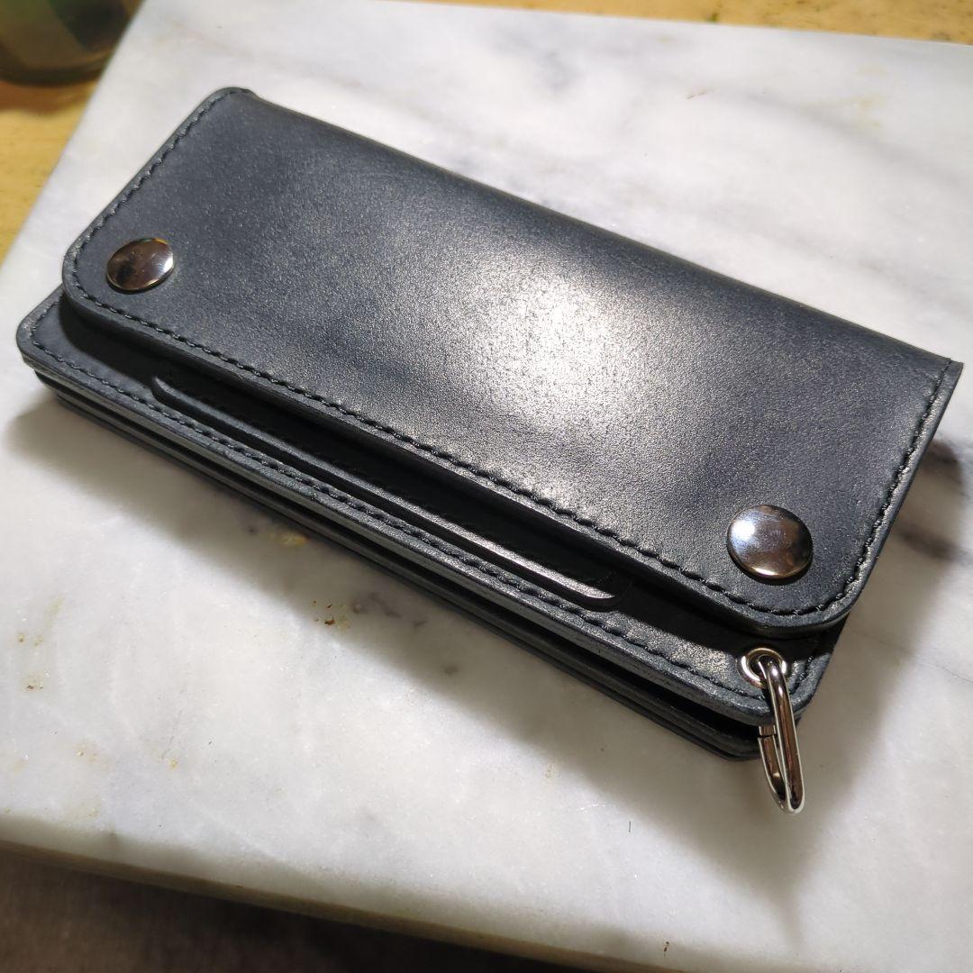 オイルヌメ革 トラッカーウォレット ハンドメイド 長財布 ロングウォレット 黒