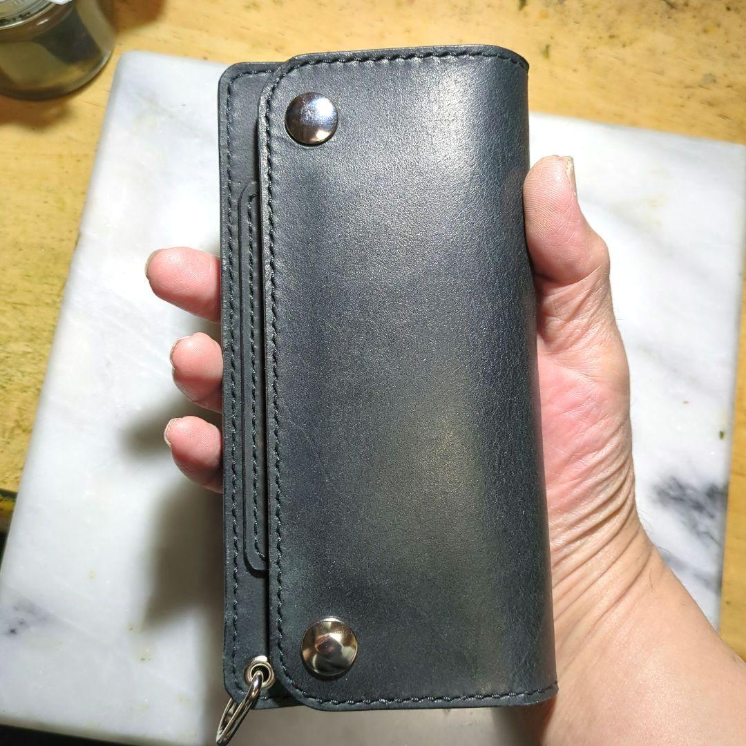 オイルヌメ革 トラッカーウォレット ハンドメイド 長財布 ロングウォレット 黒