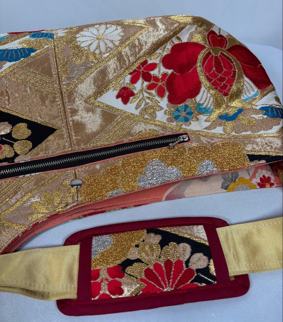 帯バッグリメイク　772番アシンメトリーBIGリバーシブル(肩あて飾り付き)