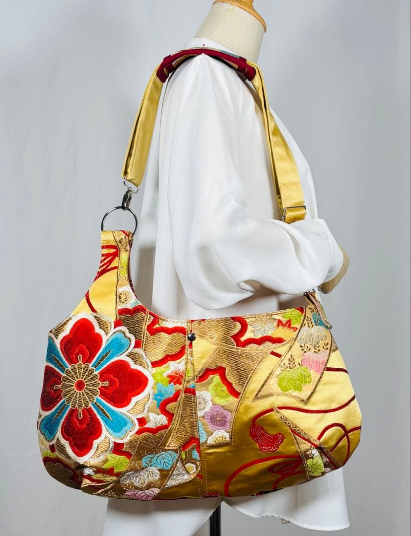 帯バッグリメイク　772番アシンメトリーBIGリバーシブル(肩あて飾り付き)