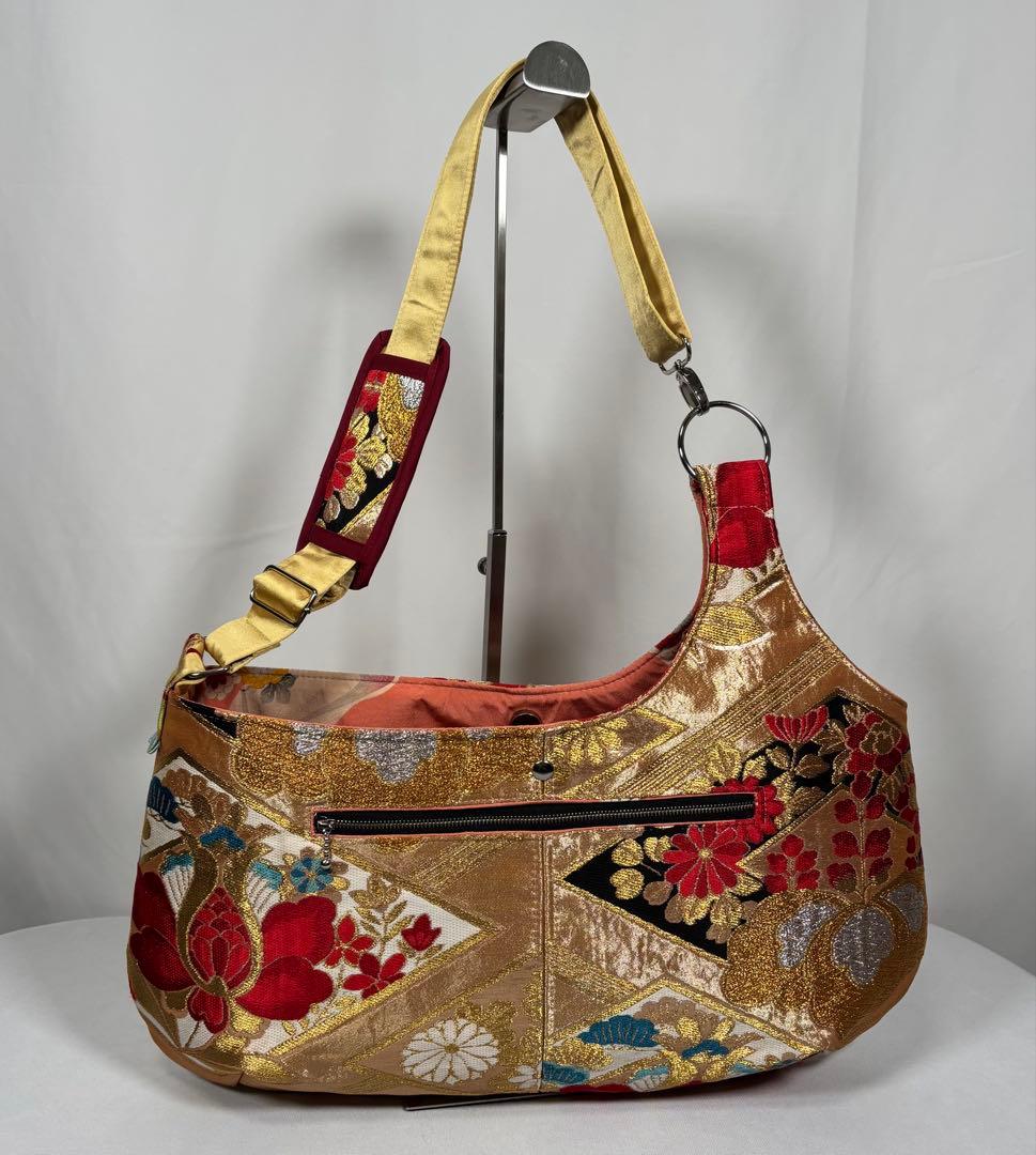 帯バッグリメイク　772番アシンメトリーBIGリバーシブル(肩あて飾り付き)