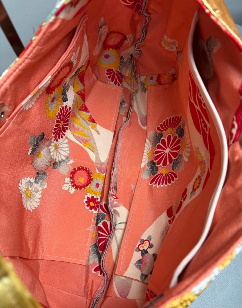 帯バッグリメイク　772番アシンメトリーBIGリバーシブル(肩あて飾り付き)