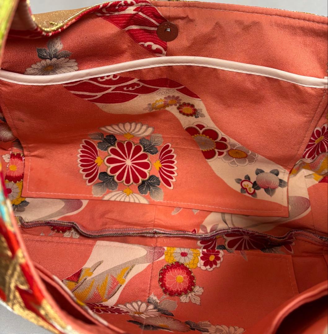 帯バッグリメイク　772番アシンメトリーBIGリバーシブル(肩あて飾り付き)