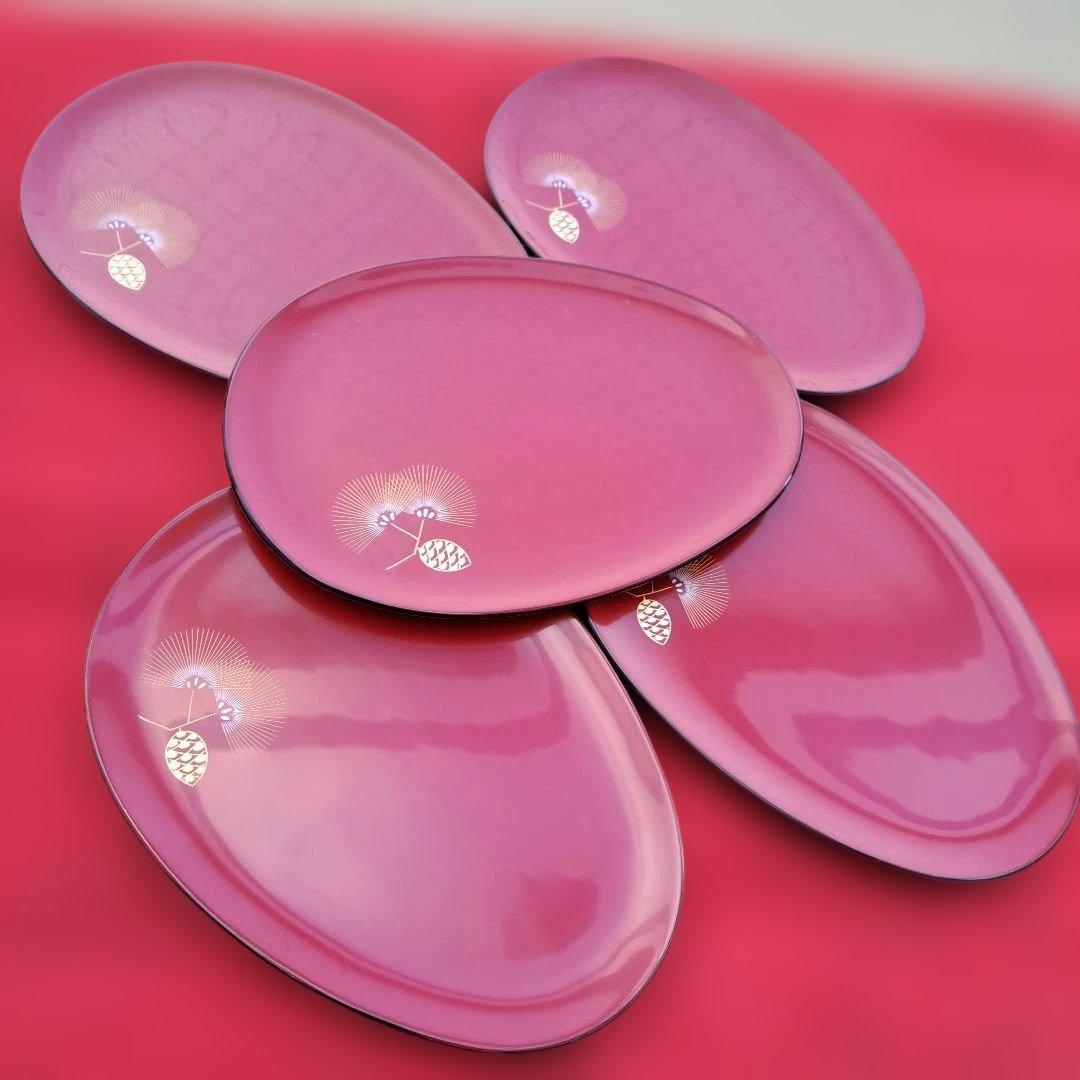 【輪島塗　卵形\"銘々皿×5客】布着本堅地　沈金師/福久勝利作　未使用品