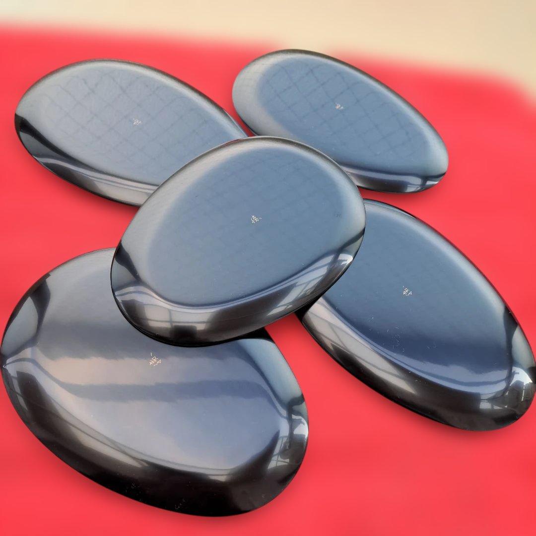 【輪島塗　卵形\"銘々皿×5客】布着本堅地　沈金師/福久勝利作　未使用品