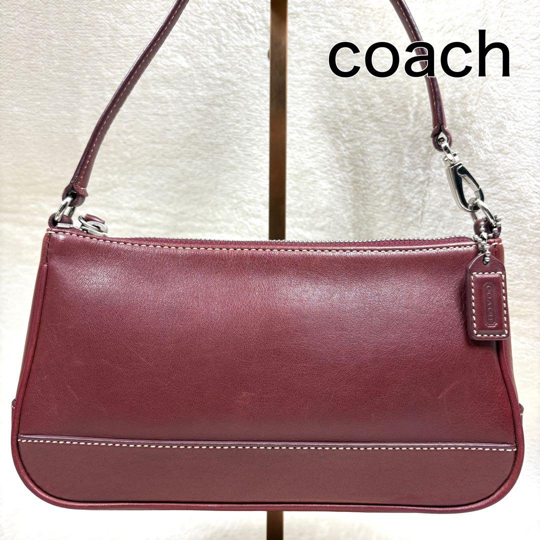 COACH コーチ アクセサリーポーチ ハンドバッグ レザー ワインレッド