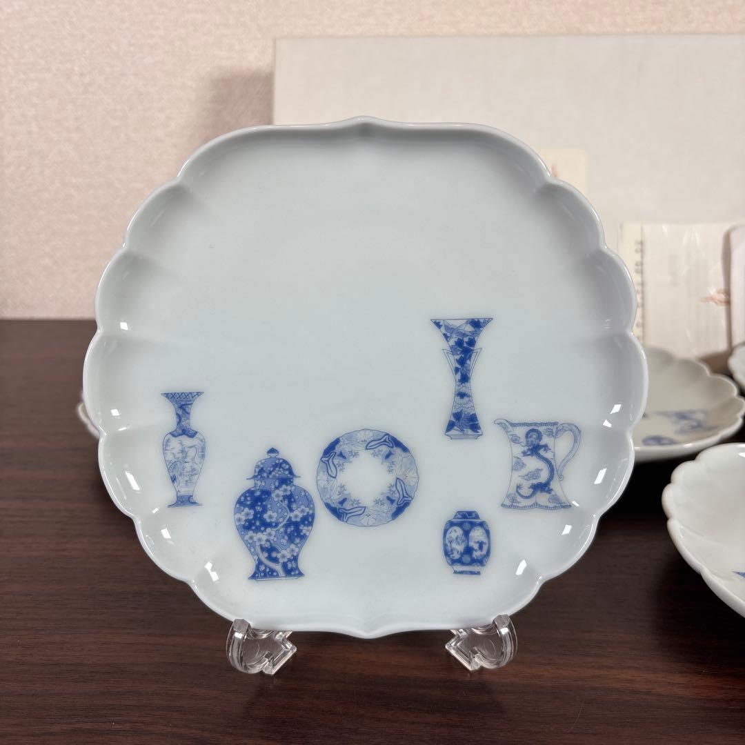 【未使用】深川製磁 ブルーチャイナ 菊中 サービス揃 5枚