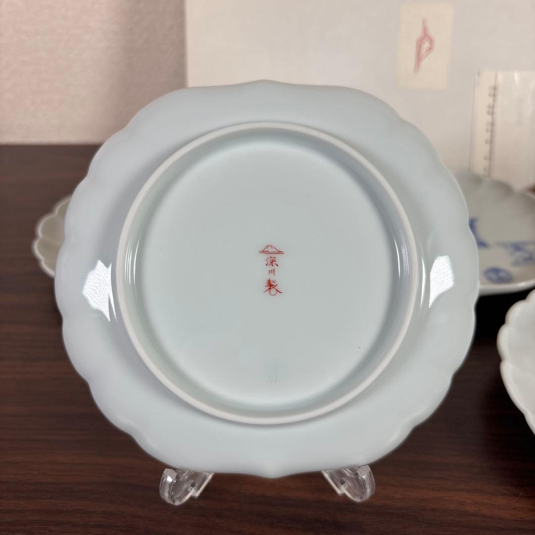 【未使用】深川製磁 ブルーチャイナ 菊中 サービス揃 5枚