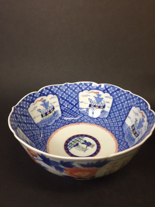 古い深川製磁の 花卉人物色絵 大鉢  明治期