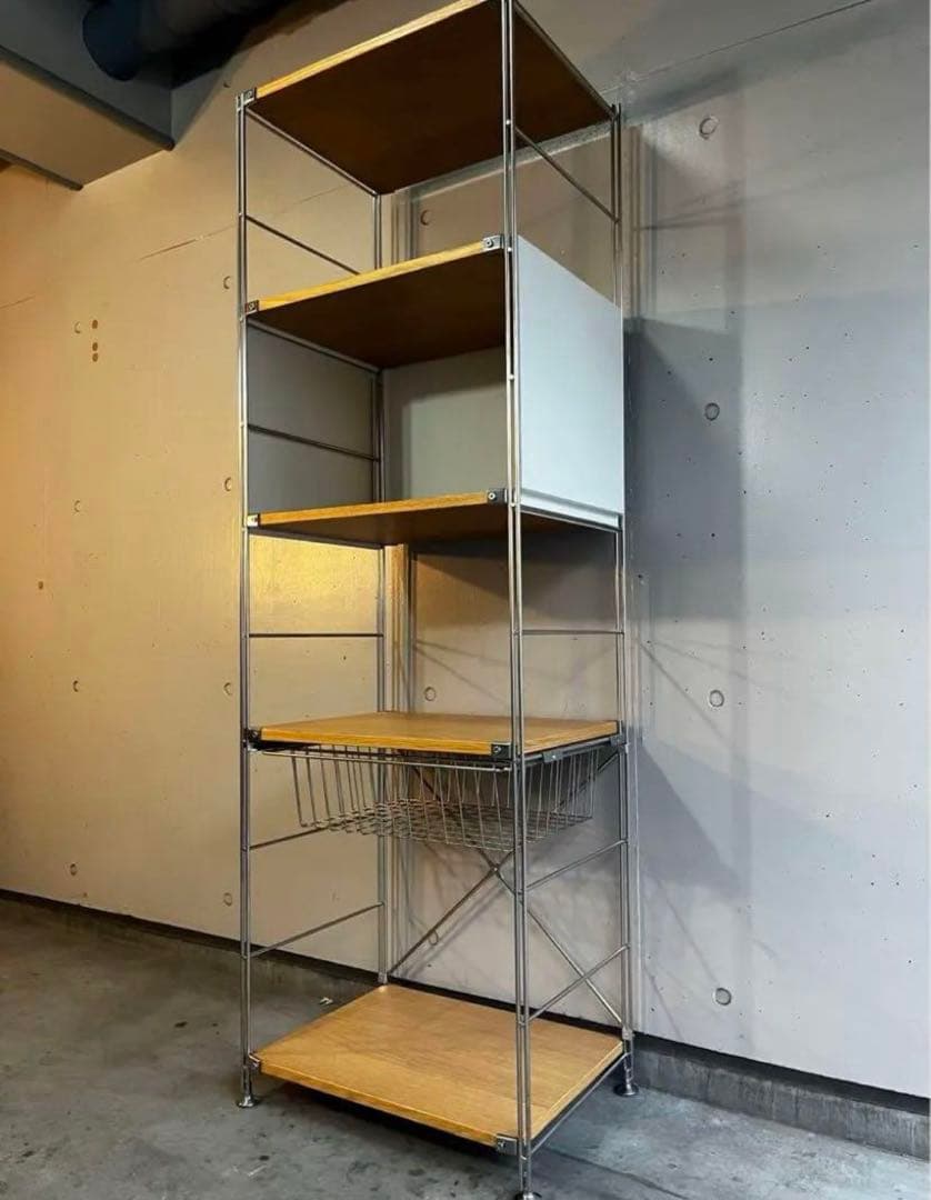 無印ステンレスユニットシェルフ・オーク材棚セット・大 パネル・バスケット付