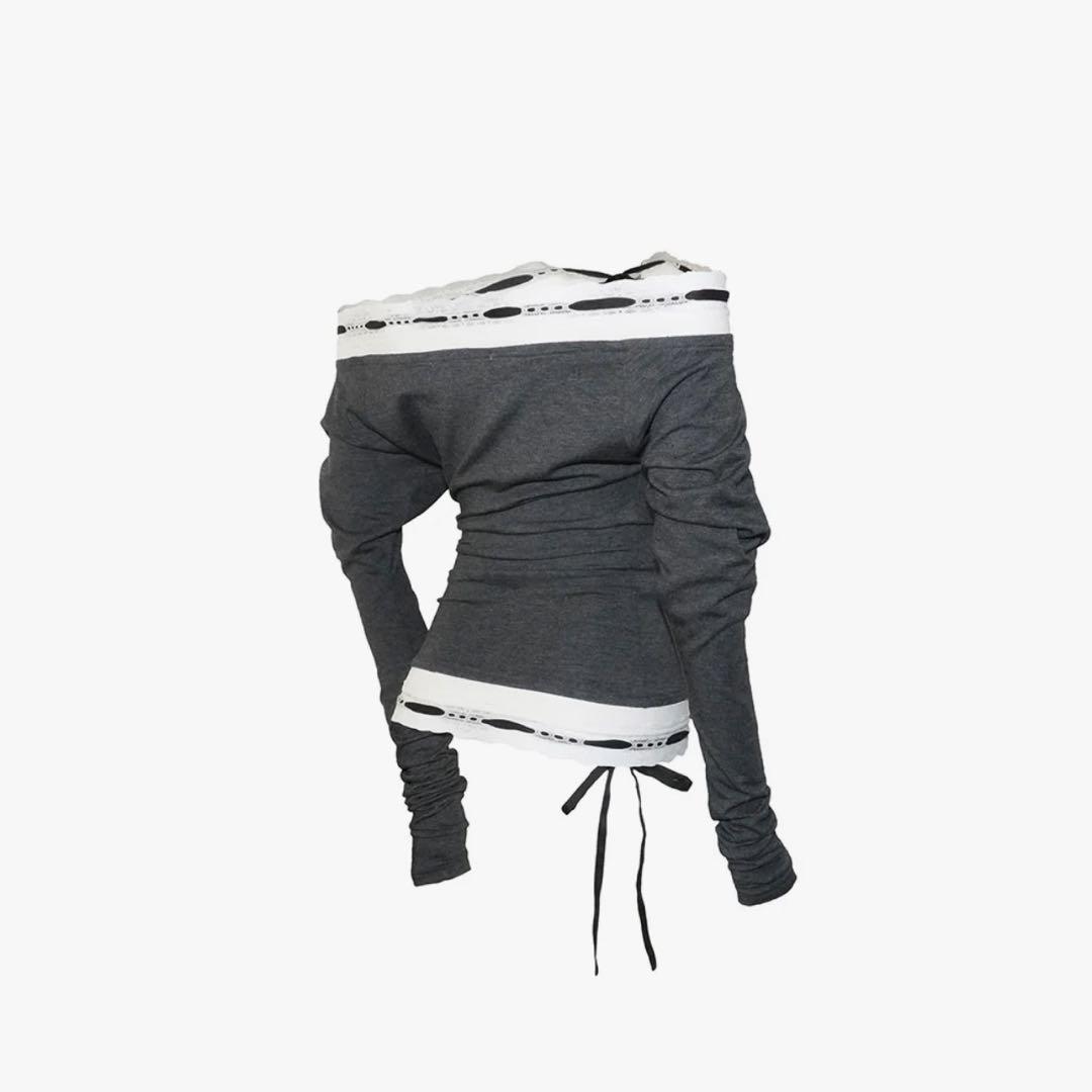 トップス S lace trim off shoulder tops (gray)