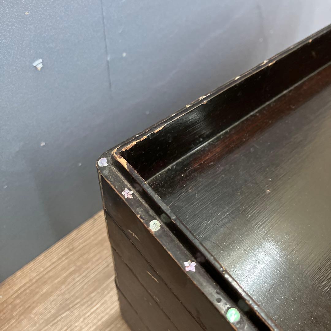 E-3 骨董 アンティーク 螺鈿細工 漆塗 五段重箱 風景人物図 天然木 時代物