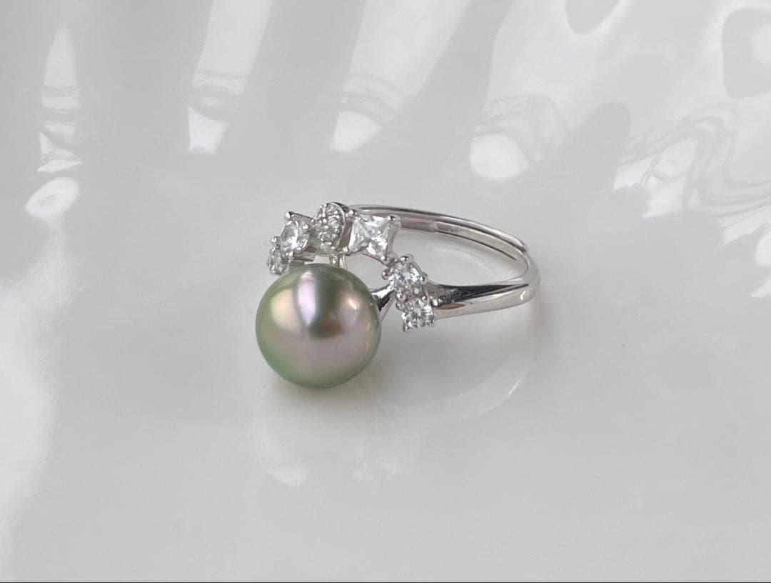 黒蝶真珠 タヒチ 南洋パール 月冠 リング 指輪 s925 ラウンド