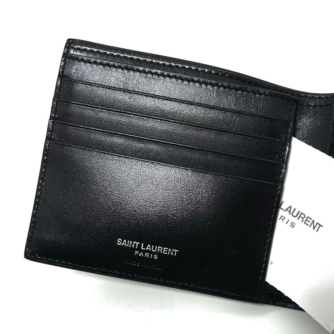 未使用 サンローランパリ 札入れ コンパクトウォレット YSLロゴ シルバー 黒