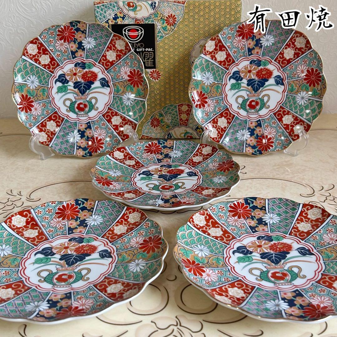 有田焼　陶扇　菊割皿　5枚セット　錦絵　中皿　和皿　金彩色絵　赤絵 古伊万里
