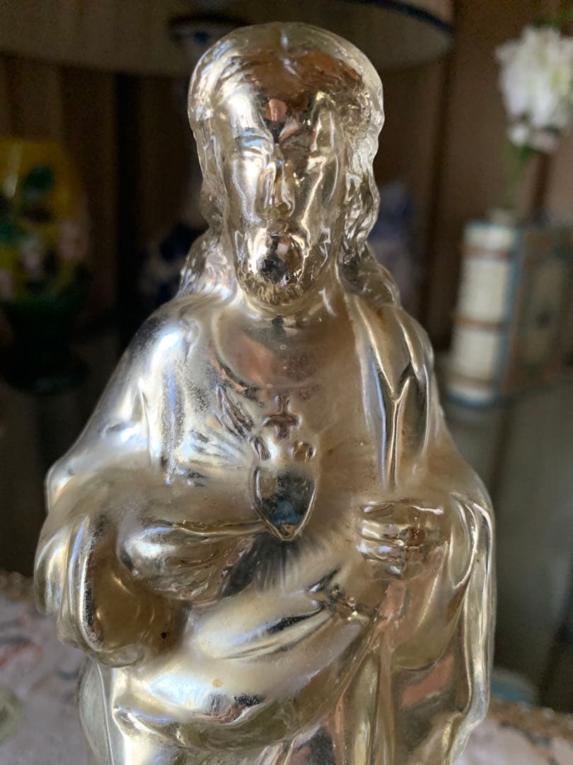 フランス製アンティーク　激レア・メーキュリーガラス聖心キリスト立像！