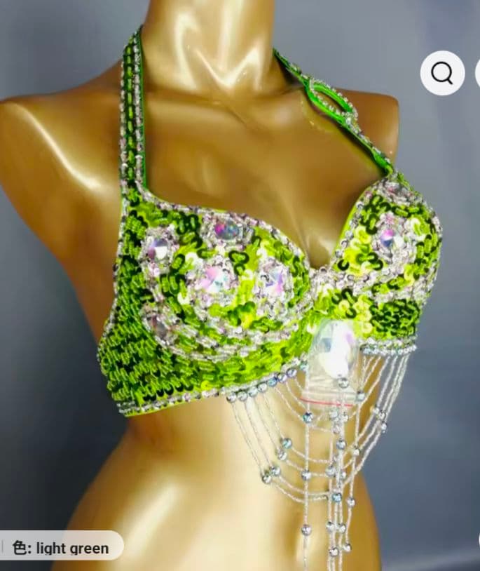 美品　ベリーダンス衣装　セットアップ　ブラベルト　ライトグリーン　オリエンタル