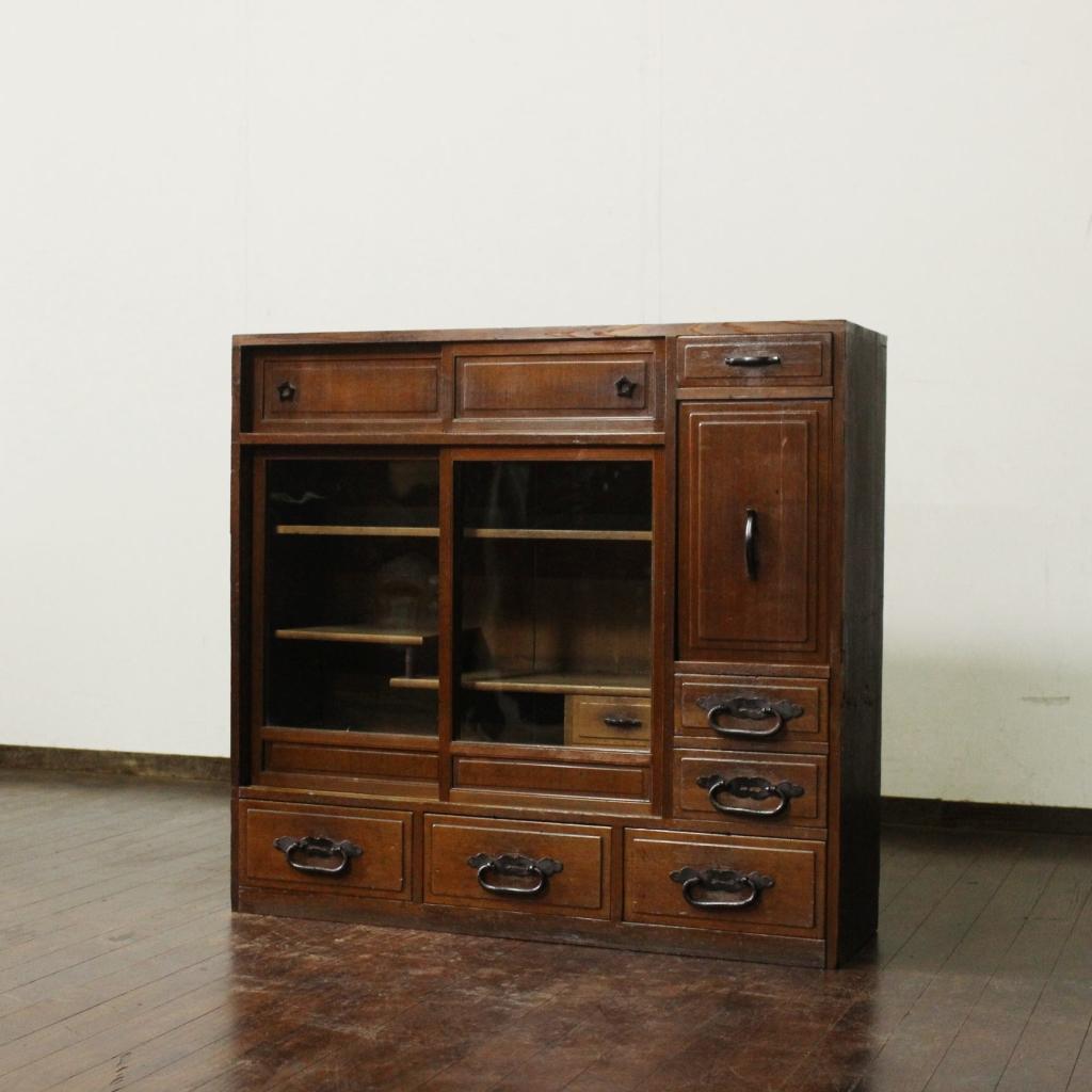 古い木製茶箪笥 収納棚/和家具/飾棚/食器棚時代箪笥/茶道具/ガラス戸棚/煎茶棚