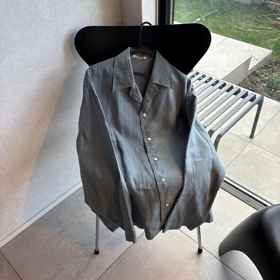 美品AURALEEリネンシャツオーラリー春物SSライトブルー