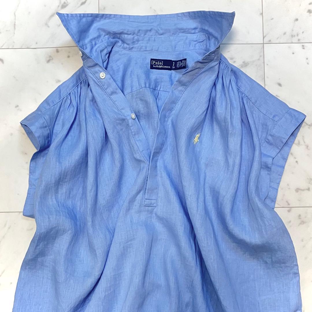 美品 ポロラルフローレン リネン ポップオーバー シャツ フレンチスリーブ S